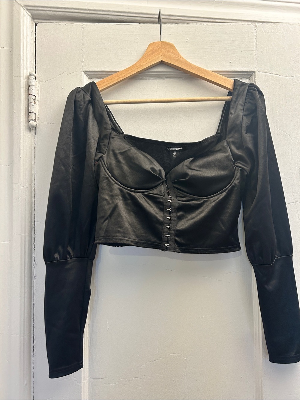 Fashion Nova Black Satin Long-Sleeve Corset Crop Top